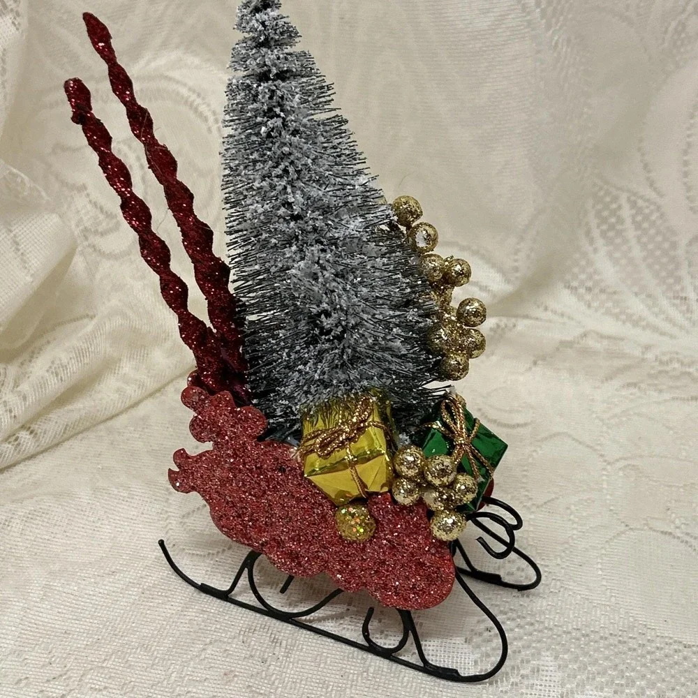 Vintage Tin Dept. 56 Sleigh‎ Red Glitter Brush Tree Christmas Assemblage Display